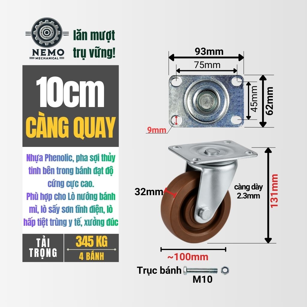 Bánh Xe Phenolic Chịu Nhiệt 280°C – Chuyên Dụng Lò Nướng, Lò Sấy (D75, D100, D125)